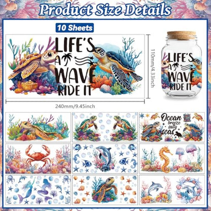 Peacoblue UV DTF Cup Wraps Transfer Stickers Marine Life Pattern, 10 Sheets Waterproof Custom Vinyl Transfer Sticker 16oz Coffee Glass Cup Tumbler Bottle Mug Decals for Men Women - style: Marine Life