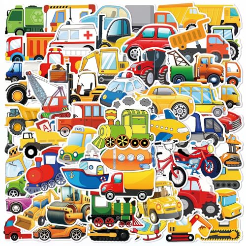 50 PCS Cartoon Vehicle Stickers for Scrapbooking, Construction Truck Decals for Journaling Planner, Waterproof Vinyl Transport Stickers for Water Bottle Laptop Phone DIY Crafts - style: A7