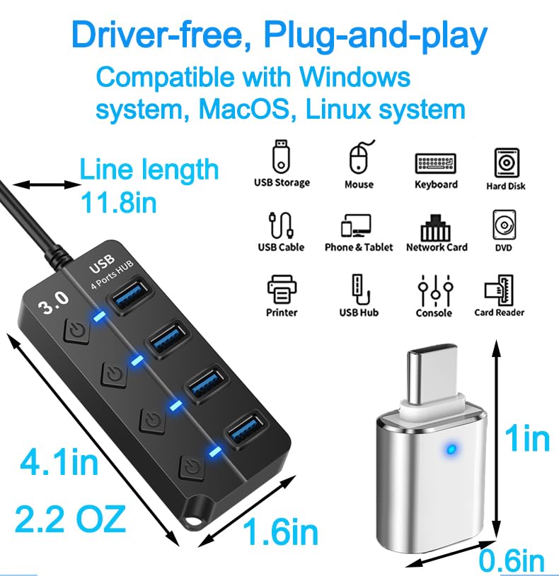 KLAQQED USB Hub - 3.0, 4-Port USB Station Hub with Individual Switches - Expander Hub for Laptop/MacBook, Flash Drives, Mobile HDD, Printer - style: USB Hub