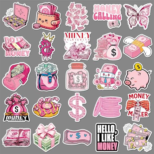50Pcs Pink Money Stickers Y2K Vinyl Set | Aesthetic money themed waterproof vinyl decals for laptops, water bottles,phone cases, DIY crafts and personal decor. - style: Pink Money Stickers