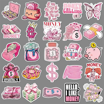 50Pcs Pink Money Stickers Y2K Vinyl Set | Aesthetic money themed waterproof vinyl decals for laptops, water bottles,phone cases, DIY crafts and personal decor. - style: Pink Money Stickers