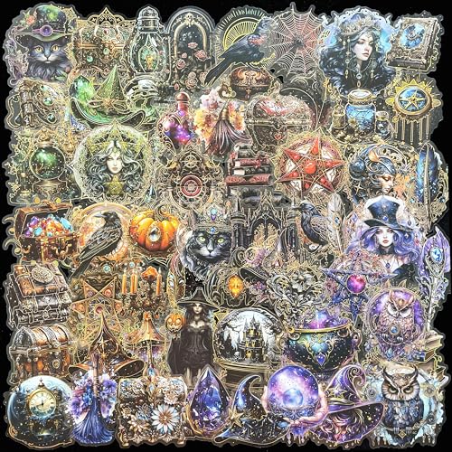 60 PCS Holographic Gold Foil Gothic Witch Stickers – Clear Dark Magic Astrology Scrapbook Stickers for Journaling, Wicca, Planner, Witchcore Aesthetic, Vintage Book & Crystal Cat, Witchcraft Supplies - color: Magic Collector