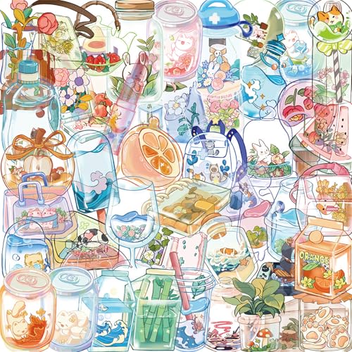 Summer Cartoon Bottles 50 Pcs Transparent PET Stickers - Waterproof handbooks for Cute,Materials - Sticker Art Pieces for Scrapbook Journal Planner Water Bottles Phone Cases Laptops (colourful-B12) - color: Colourful-b12
