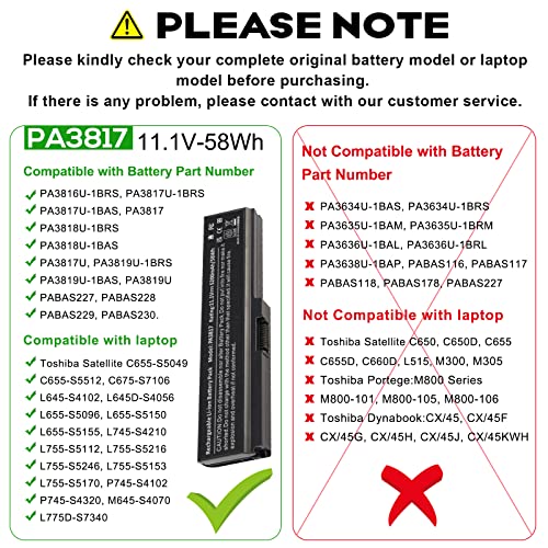 PA3817U-1BRS Battery for Toshiba Satellite A665 A665-S5170 A665-S6086 A665-S6050 M645-S4050 M645-S4070 M505-S4940 L755-S5277 L775D-S7222 P745-S4102 P755-S5265 PA3818u-1BRS PA3819U-1BRS PABAS228 - size: 7.36*1.75*1.27inch PA3817U-1BRS