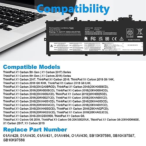 Fancy Buying 01AV430 01AV494 SB10K97587 Battery Replacement for Lenovo ThinkPad X1 Carbon 5th Gen 2017 6th Gen 2018 Series 01AV429 SB10K97586 01AV431 SB10K97588 01AV494 SB10K97586 - size: 11*4*0.2inch 01AV430