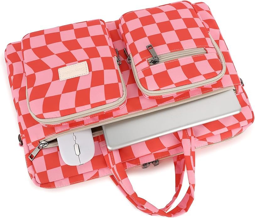Muti-Pockets Laptop Briefcase Shoulder Bag Case,Rebound Bubble Cushioned Fits 15.6 inch-16 inch Laptop (Checkered) - color: Multicolor Floral, Pink