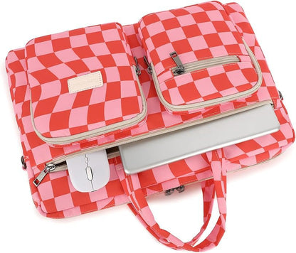 Muti-Pockets Laptop Briefcase Shoulder Bag Case,Rebound Bubble Cushioned Fits 15.6 inch-16 inch Laptop (Checkered) - color: Multicolor Floral, Pink