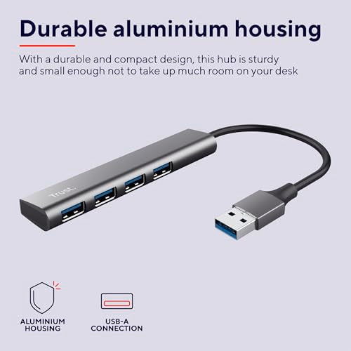 Trust Halyx USB Hub 4-Port USB-A 3.2 Gen 1, 5 Gbps Data Transfer Speed, Thin and Compact Data Hub, Plug & Play, Slim Portable USB Splitter for Computer, PC, Desktop, Laptop, MacBook
