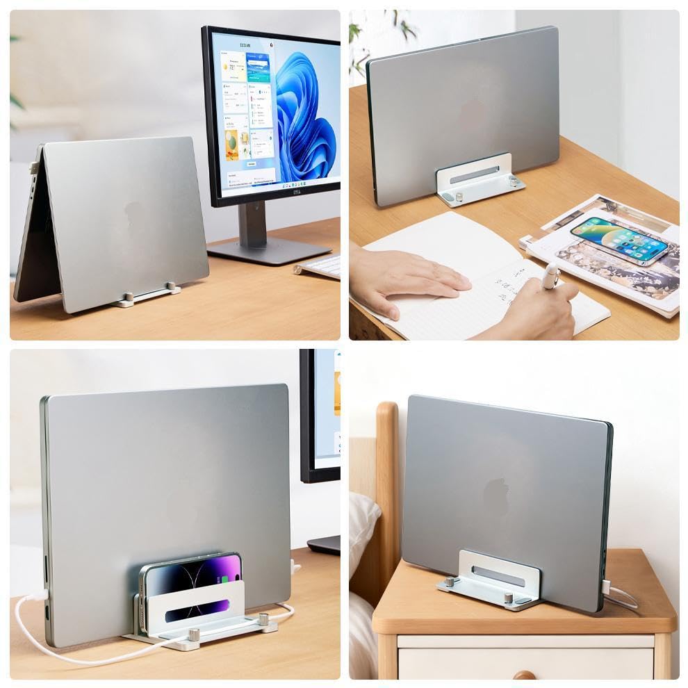 Aluminum Vertical Laptop Stand for Desk, Adjustable Dual Slot Holder(up to 1.73 inches), Compatible with MacBook Pro, MacBook Air and Other Laptop - Save Space & Improve Airflow, Silver