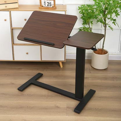 Folding Overbed Table with Wheels - Adjustable Height Rolling Bedside Laptop Desk, Tilting Tray Table for Eating, Working, Reading - Sturdy H-Shape Base, Mobile Sofa Side Table (Walnut)