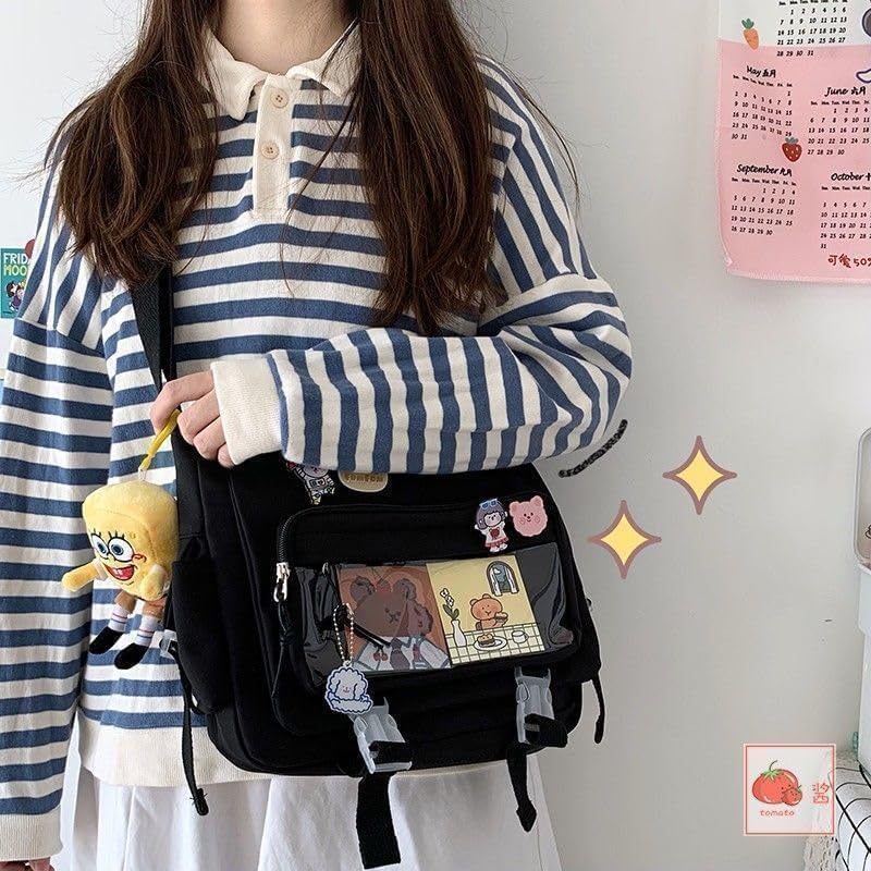 Kawaii Crossbody Ita Bag for Women with Pin & Plush Bear - Japanese Messenger Bags Y2K Shoulder Purse - color: A Black