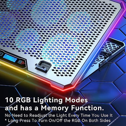 KYOLLY Aluminum Alloy RGB Gaming Laptop Cooler with 6 Fans and LCD Screen - 10 RGB Modes Memory Function, 4 USB Ports 3.0 and 2.0 Hub, 9 Height Adjustable for 10 to 21 Inch Laptops on Desk or Lap