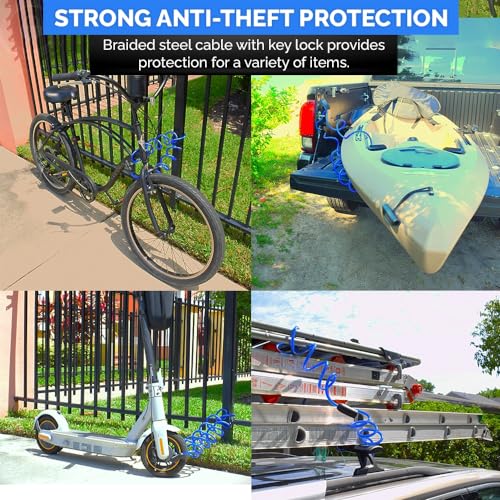 Coiled Security Cable Lock (5' to 25’ Lengths) with Keys, 15ft | Weatherproof, Multi-Purpose, Anti-Theft Protection, 10mm Diameter, For Kayaks, Bikes, Paddleboards, Scooters, Equipment - size: 15ft