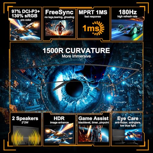 SANSUI 24 Inch Curved Gaming Monitor up to 180Hz MPRT 1ms with Built-in Speakers,FHD 1080P Computer Monitor Freesync 130% sRGB HDR,HDMI DP Ports VESA Mount Metal Stand(ES-G24C1 HDMI Cable Included) - size: 24.01