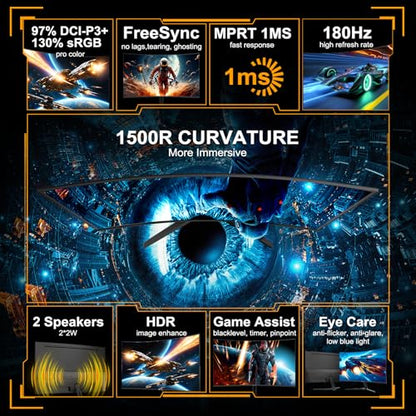 SANSUI 24 Inch Curved Gaming Monitor up to 180Hz MPRT 1ms with Built-in Speakers,FHD 1080P Computer Monitor Freesync 130% sRGB HDR,HDMI DP Ports VESA Mount Metal Stand(ES-G24C1 HDMI Cable Included) - size: 24.01