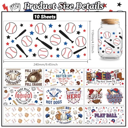 Peacoblue UV DTF Cup Wraps Transfer Stickers Baseball with Home Run Pattern, 10 Sheets Waterproof Custom Vinyl Transfer Sticker 16oz Coffee Glass Cup Tumbler Bottle Mug Decals for Men Women - style: Baseball with Home Run
