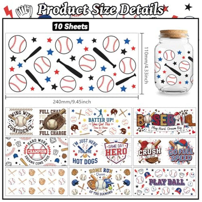 Peacoblue UV DTF Cup Wraps Transfer Stickers Baseball with Home Run Pattern, 10 Sheets Waterproof Custom Vinyl Transfer Sticker 16oz Coffee Glass Cup Tumbler Bottle Mug Decals for Men Women - style: Baseball with Home Run