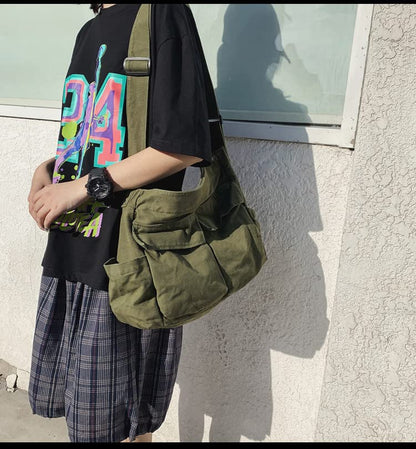Canvas Messenger Bag Large Crossbody Bag with Multiple Pockets Canvas Shoulder Tote Bag for Women and Men - color: Green