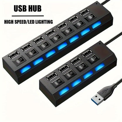 USB Hub, High Speed 7-Port Splitter with Individual LED Light Switches, Black, for PC and Laptop (black-7in1) - color: black-7in1
