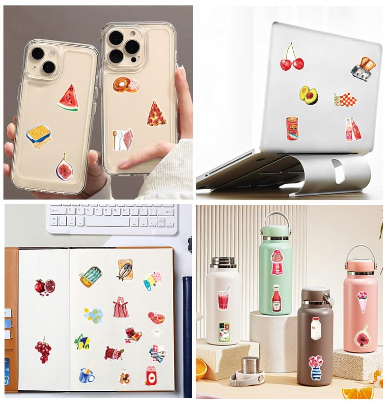 50Pcs Watercolor Food Stickers Vinyl Set | Hand-drawn food themed waterproof vinyl decals for water bottles, laptops, journals, DIY crafts and personal items. - style: Watercolor Food Stickers