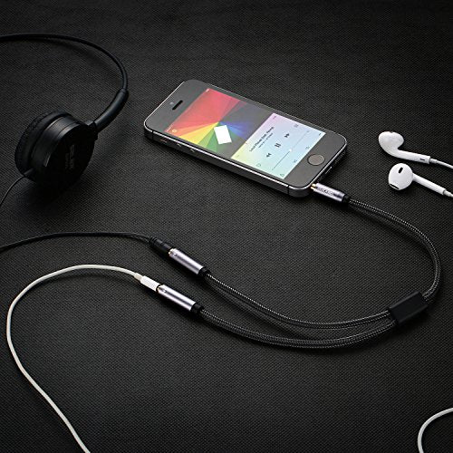 DUKABEL Long Headphone Splitter (4ft / 1.2m) Shielded 4-Pole TRRS 3.5 Y Splitter Cable 2-Way Female to Male Headphone Adapter Stereo Audio/Crystal-Nylon Braided / 24K Gold Plated / 99.99% 4N OFC - size: 48inch / 120cm