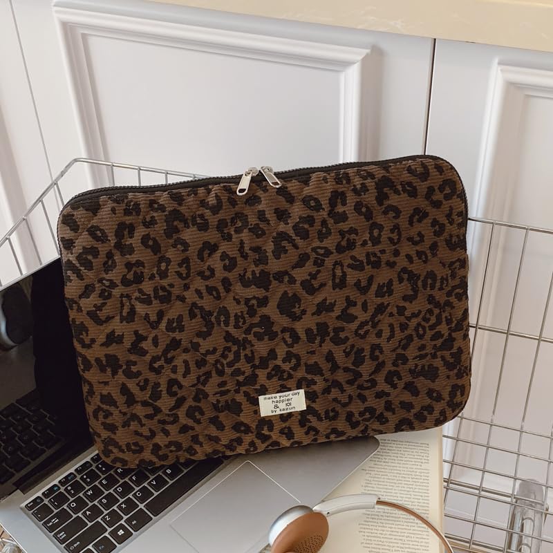 Cute Bow Puffy Laptop Sleeve 13-15 Inch Cute Quilted Laptop Protective Case Padded Bow Computer Sleeve for MacBook (Leopard Coffee, 15inch) - color: Leopard Coffee, size: 15inch