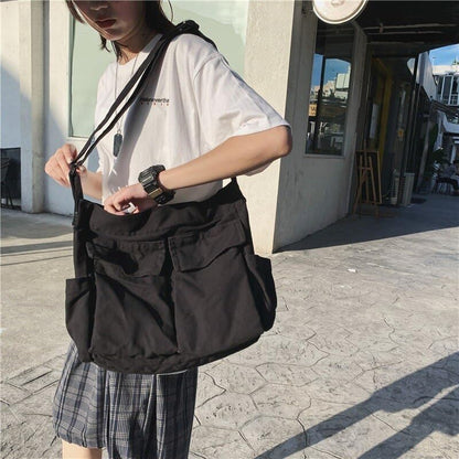 Canvas Messenger Bag Large Crossbody Bag with Multiple Pockets Canvas Shoulder Tote Bag for Women and Men - color: Black