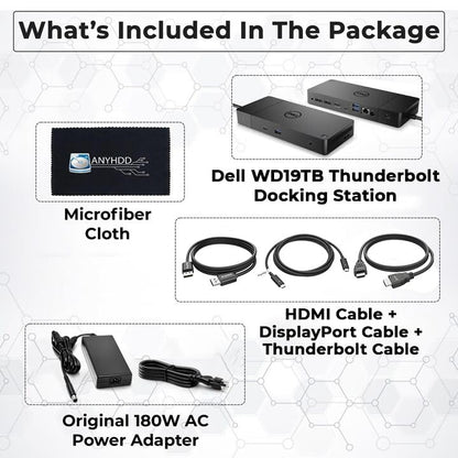 Dell WD19TB Thunderbolt Docking Station with 180W AC Power Adapter (130W Power Delivery) + HDMI Cable + DisplayPort Cable + Thunderbolt Cable + Microfiber Cloth Included - style: WD19TB New