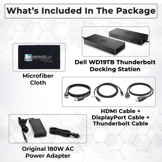 Dell WD19TB Thunderbolt Docking Station with 180W AC Power Adapter (130W Power Delivery) + HDMI Cable + DisplayPort Cable + Thunderbolt Cable + Microfiber Cloth Included - style: WD19TB New