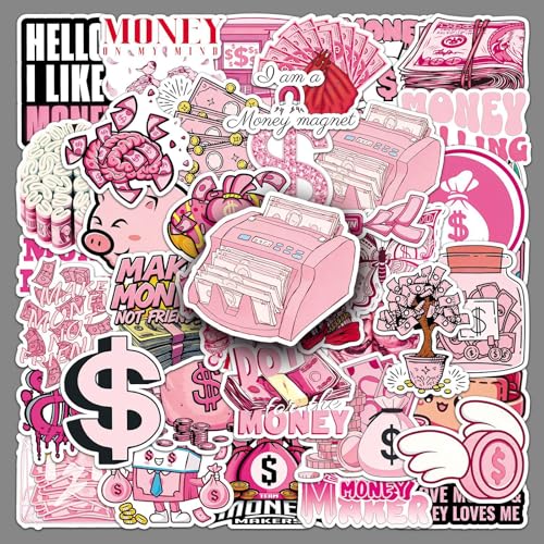 50Pcs Pink Money Stickers Y2K Vinyl Set | Aesthetic money themed waterproof vinyl decals for laptops, water bottles,phone cases, DIY crafts and personal decor. - style: Pink Money Stickers
