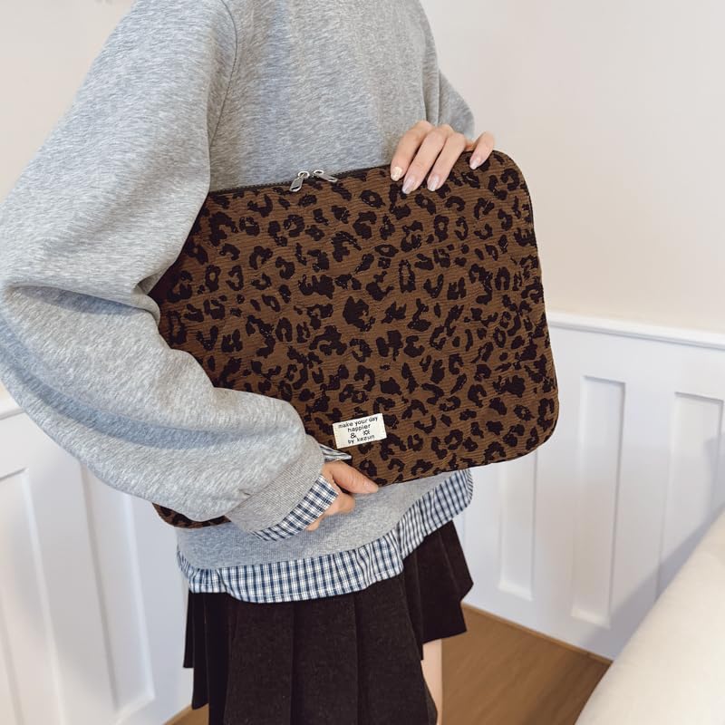 Cute Bow Puffy Laptop Sleeve 13-15 Inch Cute Quilted Laptop Protective Case Padded Bow Computer Sleeve for MacBook (Leopard Coffee, 15inch) - color: Leopard Coffee, size: 15inch