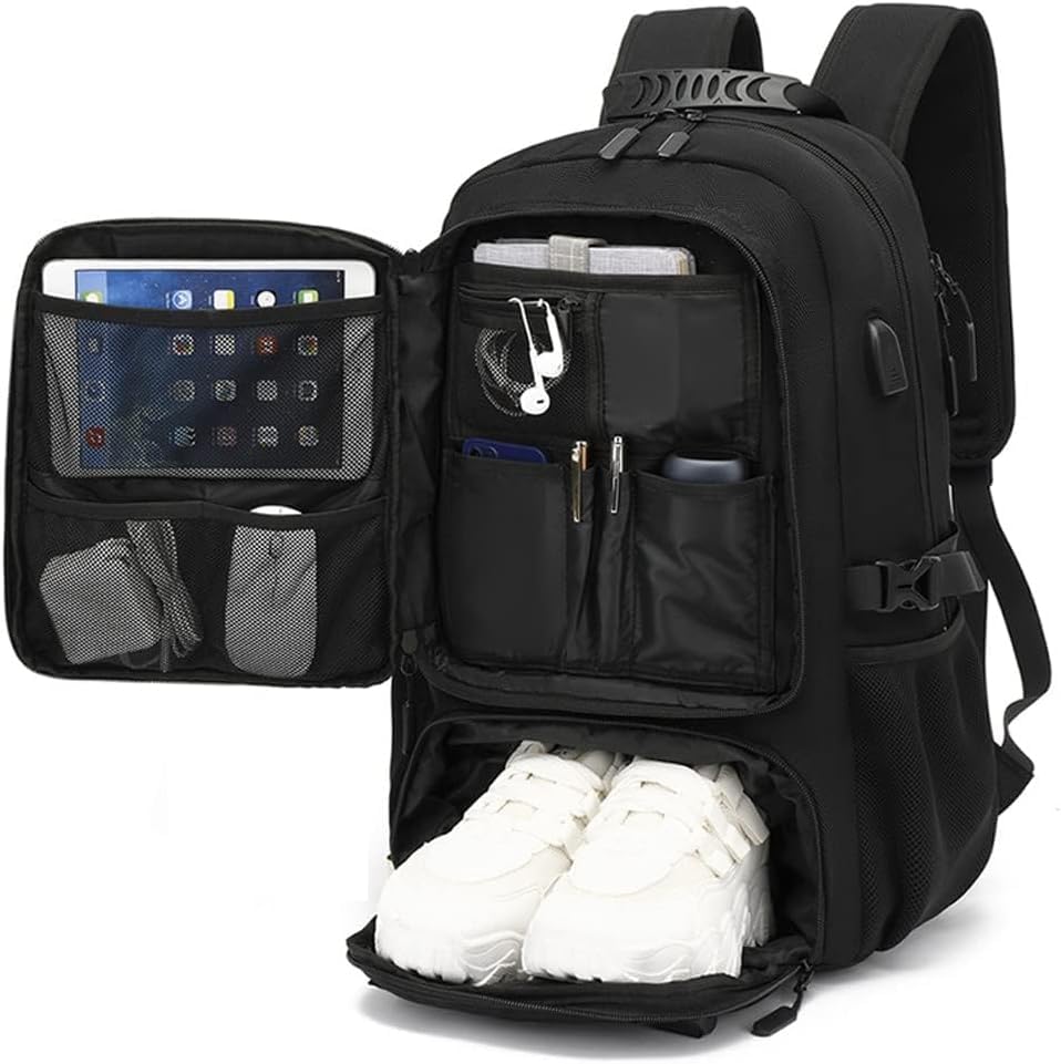 Travel laptop backpack, Extra Large 80L Traveling College Backpack,Large Capacity Backpack for Men Women,Fits 17 Inch Computer, USB Charging Port, Black - color: 80l Black With Shoes Storage Bag