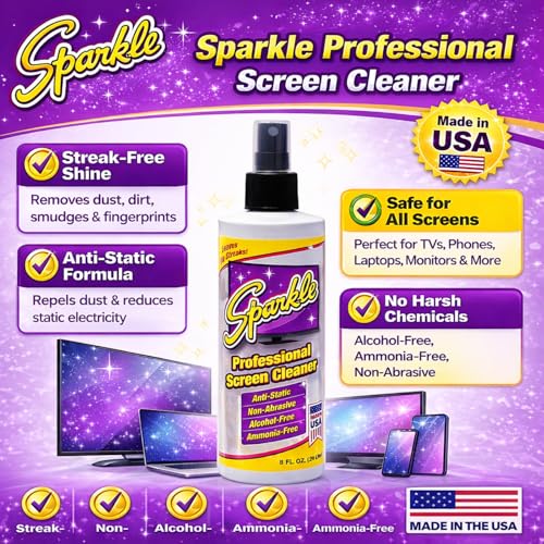 Sparkle Screen & Monitor Cleaner Spray, Ammonia & Alcohol-Free, Anti-Static, Streak-Free Formula for TVs, Laptops & Displays, 8 fl oz (Pack of 3) - size: 8 Fl Oz (Pack of 3)