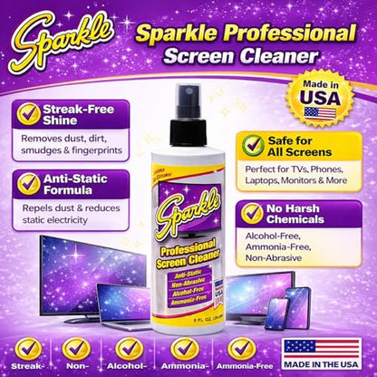 Sparkle Screen & Monitor Cleaner Spray, Ammonia & Alcohol-Free, Anti-Static, Streak-Free Formula for TVs, Laptops & Displays, 8 fl oz (Pack of 3) - size: 8 Fl Oz (Pack of 3)