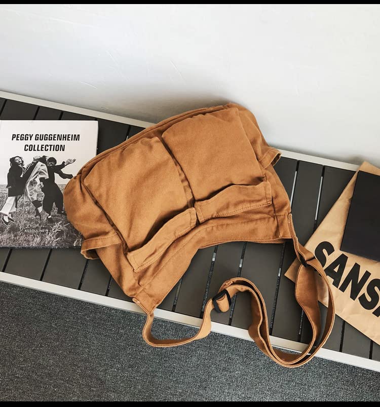 Canvas Messenger Bag Large Crossbody Bag with Multiple Pockets Canvas Shoulder Tote Bag for Women and Men - color: Brown