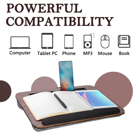 Portable Laptop Desk Fits Up to 16“ Laptops, with Tablet Slot, Built-in Cushion, Great for Home & Office,Lap Desk with Cushion (Brown with Wrist Rest, Medium) - color: Brown With Wrist Rest, size: Medium