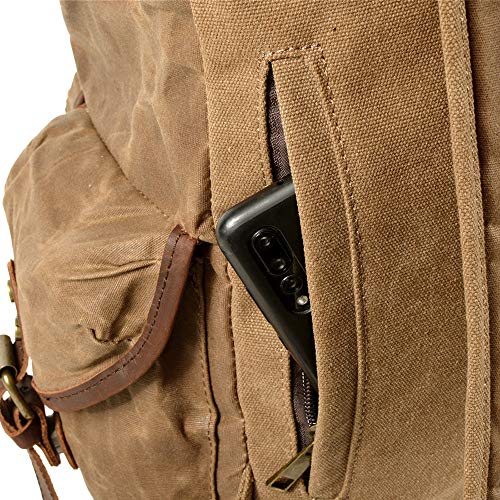 WUDON Leather Backpack for Men, Waxed Canvas Shoulder Rucksack Carry-On Travel Backpack - color: Khaki-regular