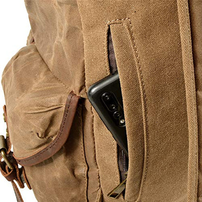 WUDON Leather Backpack for Men, Waxed Canvas Shoulder Rucksack Carry-On Travel Backpack - color: Khaki-regular