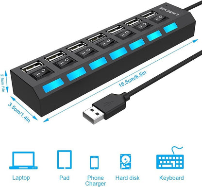 1-Pcs 7-Port USB Hub 3.0,USB Hub Splitter with Individual On/Off Switches and Lights Compatible with Laptop,PC,Flash Drive,Mobile HDD