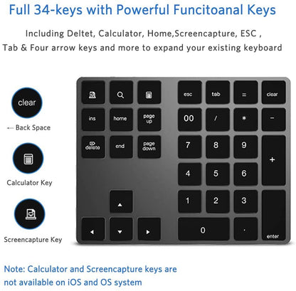 JOYEKY Bluetooth Number Pad, Wireless Numeric Keypad, USB-C Rechargeable External 34-Keys Numpad, Financial Data Entry Keyboard for iMac, MacBook Air/Pro, PC Desktop, Laptop Notebook - color: A-Black