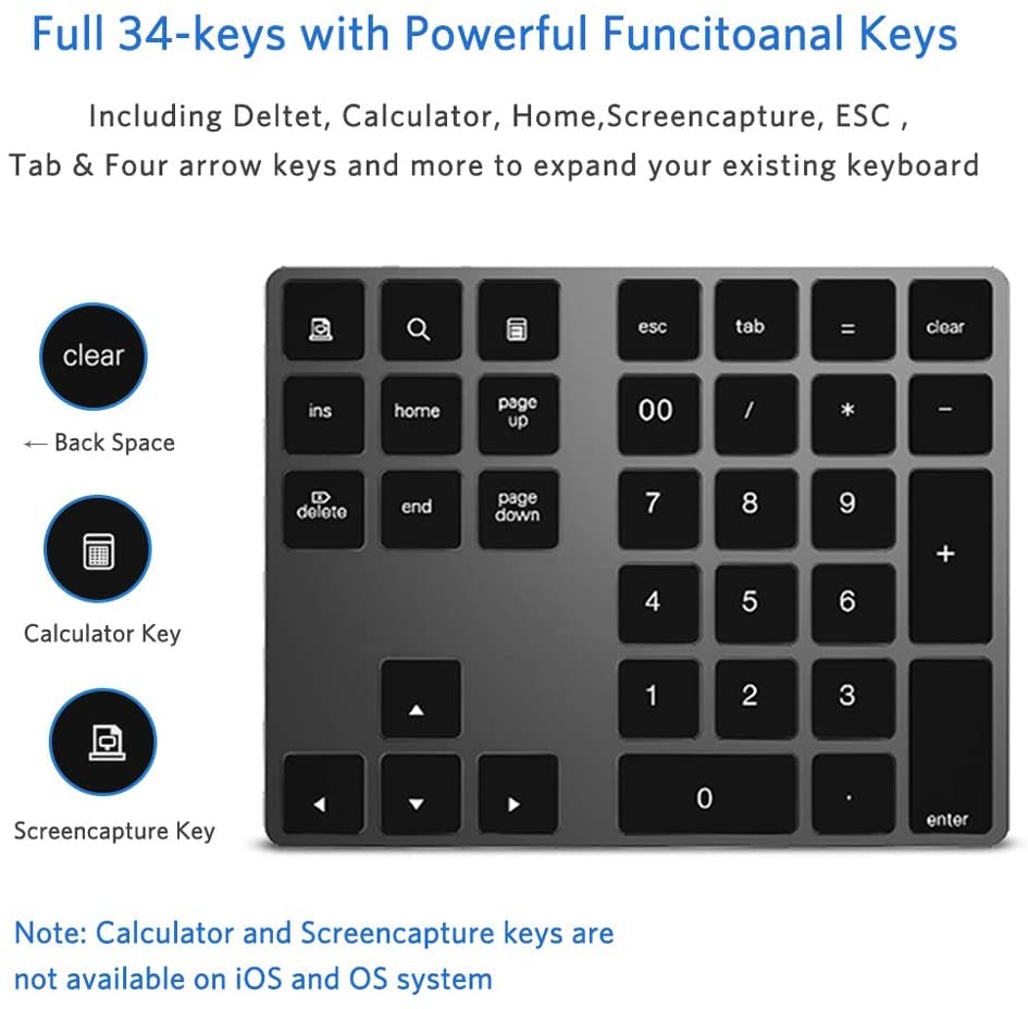 JOYEKY Bluetooth Number Pad, Aluminum Rechargeable Numeric Keypad Wireless 34-Keys Number Keyboard Shortcut Keypad Numpad Data Entry Compatible for iMac Windows - color: B-Black Aluminum