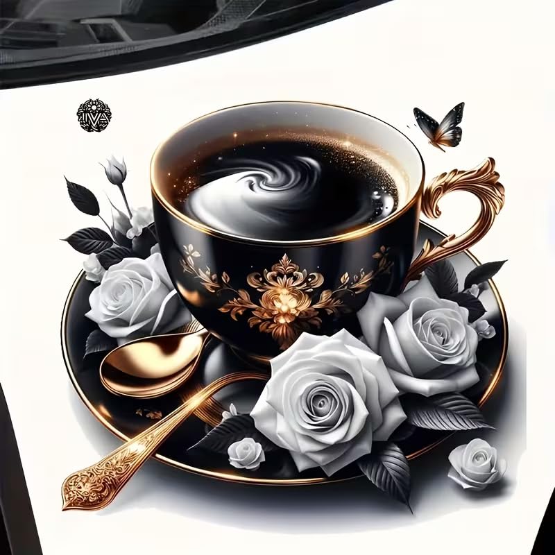 Rose Flower and Coffee PVC Vinyl Car Decals Stickers Waterproof Self-Adhesive Decals for Cars, Laptops, Trucks, Motorcycles Wall Window Luggage Scratch Cover Door Decor Sticker