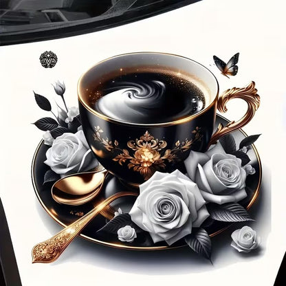 Rose Flower and Coffee PVC Vinyl Car Decals Stickers Waterproof Self-Adhesive Decals for Cars, Laptops, Trucks, Motorcycles Wall Window Luggage Scratch Cover Door Decor Sticker