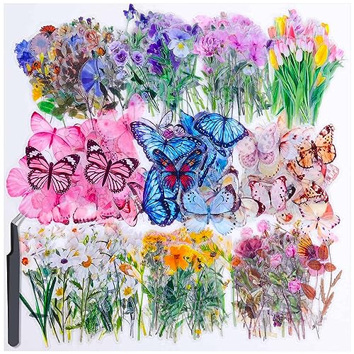 401Pcs Transparent Flower and Butterfly Stickers, Clear Floral Scrapbook Stickers Supplies for Journal Planner Notebook Resin Card Making Laptop Cell Phone Decorating | Clear Floral Scrapbook Stickers for Resin Crafts, Journal Planner Supplies, Card Makin