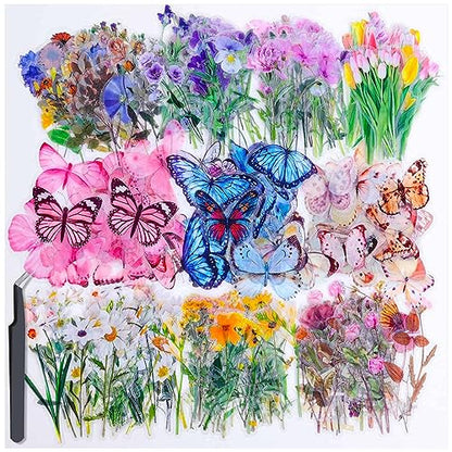 401Pcs Transparent Flower and Butterfly Stickers, Clear Floral Scrapbook Stickers Supplies for Journal Planner Notebook Resin Card Making Laptop Cell Phone Decorating | Clear Floral Scrapbook Stickers for Resin Crafts, Journal Planner Supplies, Card Makin