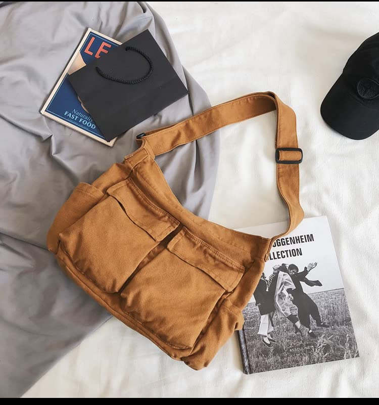 Canvas Messenger Bag Large Crossbody Bag with Multiple Pockets Canvas Shoulder Tote Bag for Women and Men - color: Brown