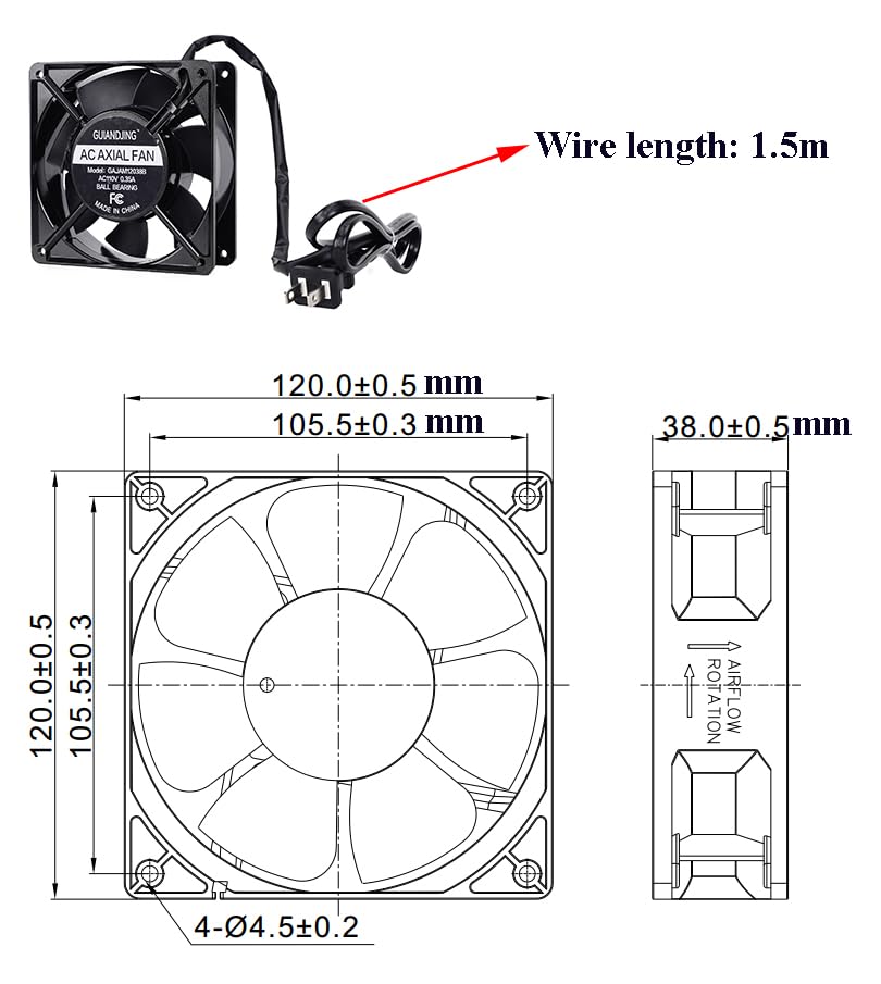 120mm x 38mm Cooling Fan 110V 120V Dual Ball Bearing High CFM 3000RPM with AC Plug and Aluminium Alloy Frame - style: AC12038-N