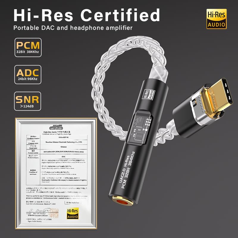 USB C to 3.5mm Audio Adapter with Dual Chip CX31993 MAX97220 DAC & HiFi Amplifier, 8-Strand 4N Single Crystal Silver-Plated Copper Cable,USBC to Headphones Aux Dongle for Android iPhone PC Mac (Black) - color: Black
