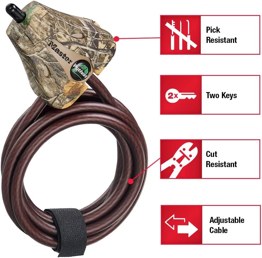 Master Lock Keyed Alike Python Trail Camera Adjustable Camouflage Cable Locks w/16 Keys, 8418KA-8 CAMO 8-Pack - size: 8 Pack