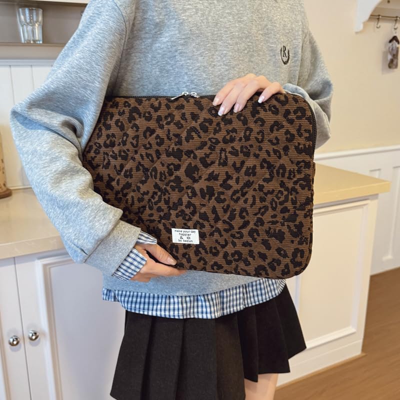 Cute Bow Puffy Laptop Sleeve 13-15 Inch Cute Quilted Laptop Protective Case Padded Bow Computer Sleeve for MacBook (Leopard Coffee, 15inch) - color: Leopard Coffee, size: 15inch